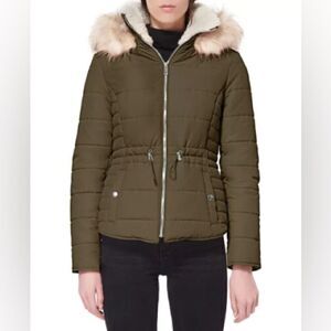 Maralyn Me Juniors Faux-Fur-Trim Hooded Olive Puffer Coat Waist Draw Cord XS New